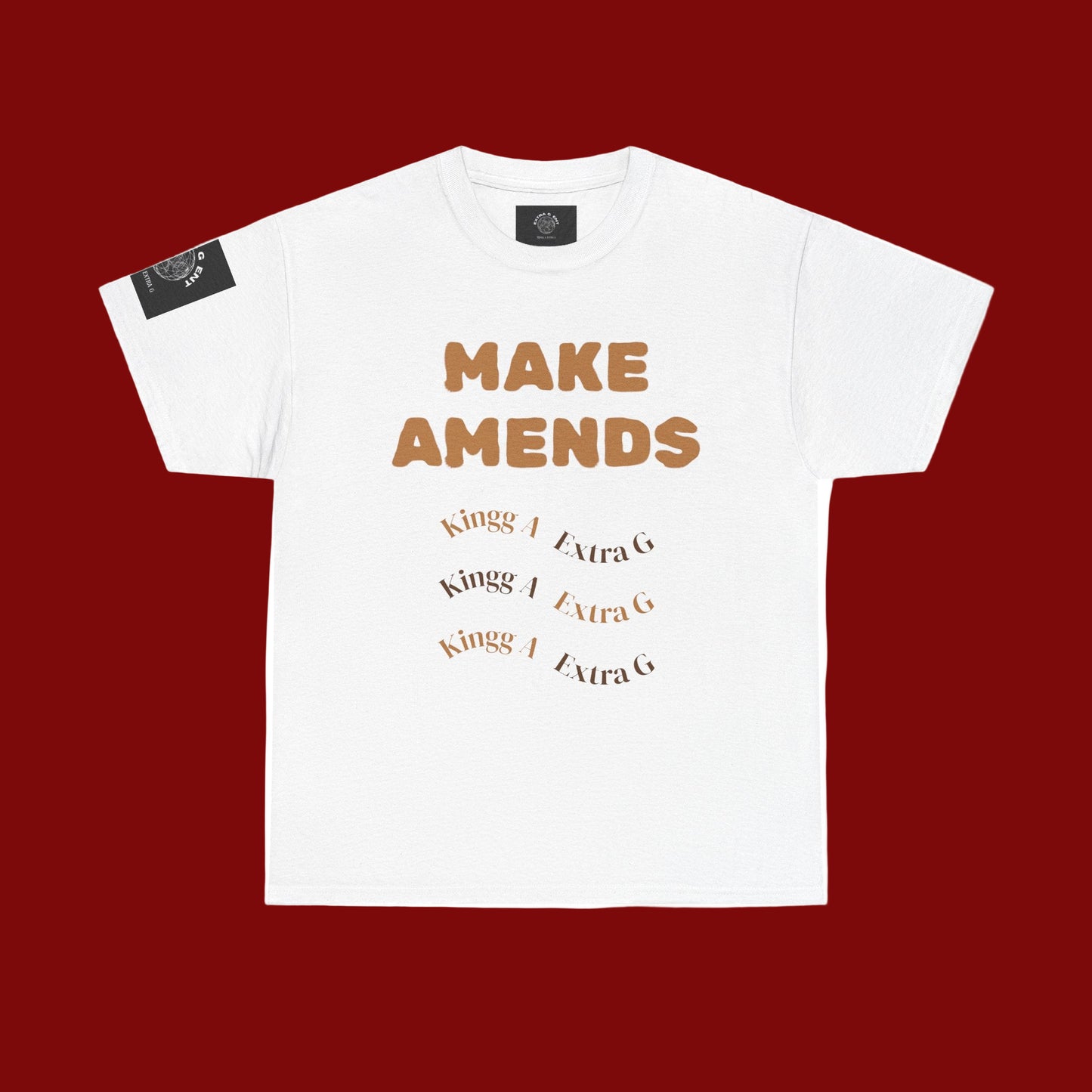 White t-shirt with 'MAKE AMENDS' text and brand logos on a white background